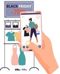 Mobile online shopping. People buy clothes and accessories in online shops, black friday sale. Special offer, discount concept. Modern clothing store, purchases using an application on smartphone