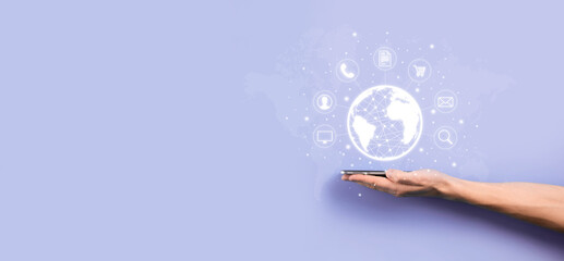 Business man hiold, use,press infographic icon of community technology digital.Concept of hi tech and big data. Global connection.IoT Internet of Things . ICT Information Communication Network .