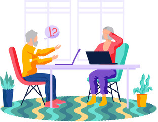 Studying computer by elderly people concept. Technology spread, oldster education, active social life, online communication, senior couple with tablet, learning to use PC, have difficulty with gadget