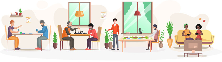 Friends having rest at home. Fun game. People spend time in different ways board games on table. Characters have spending great time together. Fantastic turn-based board game on table. Playing games