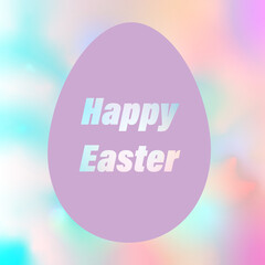 cute violet, blue and pink happy easter card with big violet egg and text inside Background light holographic