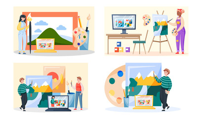 Online painting workshop concept. Artist creativity process with paint and brushes distance studying. Drawing lessons on learning platform for painters and designers, educational course video tutorial