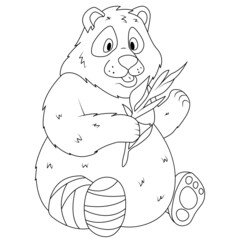 Coloring book for children. A panda with a rewound paw is eating bamboo. The task for children can be used in a book, magazine.