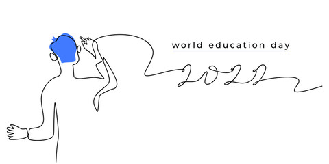 Continuous one single line of man writing world education day 2022 isolated on white background.