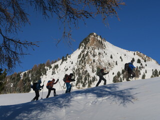 Fototapeta na wymiar Ski de randonnée alpinisme dans les montagnes des Alpes l'hiver dans la neige avec un groupe de skieurs aguerris