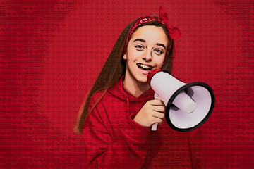 Portrait of beautiful attractive cute positive happy smiling dark blonde little girl with sincere emotions wearing hipster red hoodie and bandanna isolated over red background with copy space and