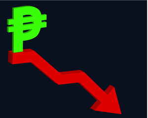 Philippines money currency depreciation. Green Philippines Peso icon with red decreasing arrow on black background vector illustration