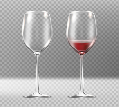 3d realistic vector icon. Set of two glassses with red wine. Empty and full. Isolated on transparent background.