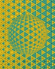 textured yellow and dull green background with vertical steel ladder with strong shadows sphere design