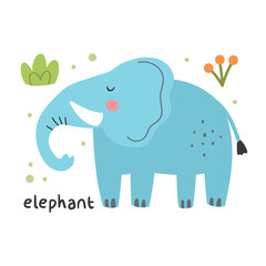Wild animal childish illustration. Cute elephant. Vector design for children. Isolated on white background.
