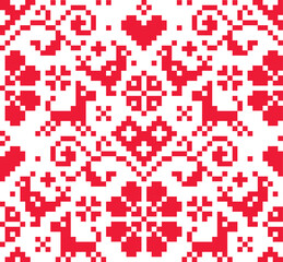 Cross stitch vector seamless folk art pattern with flowers, birds and dogs - red pixelated background inspired German old style retro embroidery