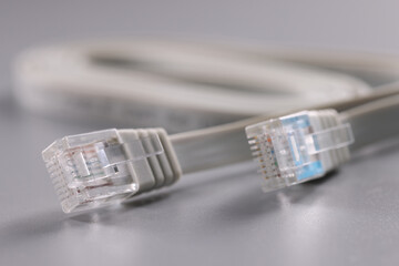 Pair of internet connectors on grey background, cable with plastic clip