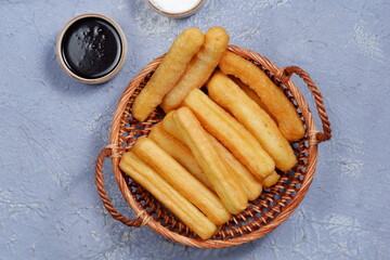 Churros,spanish traditional dessert and chocolate dipping