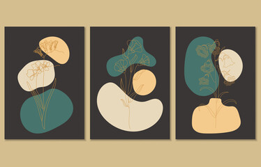 Set of three abstract botanical posters, vector illustration