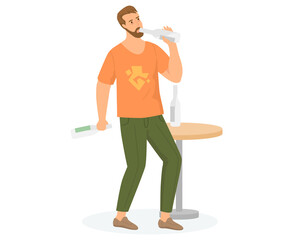 Dependent guy drinks alcohol alone. Loneliness addicted male depressed with alcohol beverage, drunk man alcoholic looks bad drinks liquid from bottle. Unhealthy lifestyle concept, alcoholism problem