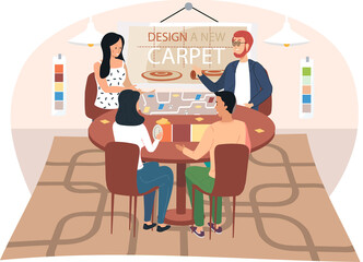 People talk to an interior designer discussing home improvement and selecting design of carpet for room. Concept of apartment styling and choosing new rug. Buyers order carpet from home textile store