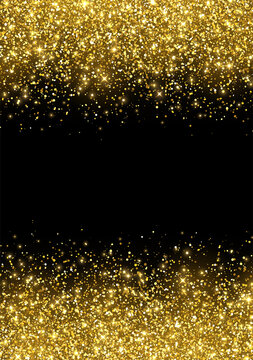 Holiday flyer gold glitter on black background. Vector