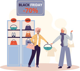 Women in clothing store on black friday. Seasonal discount offers clothes on sale. Closeout in boutique. Happy shopaholic makes purchase. Satisfied female customer with shopping bags in fashion market