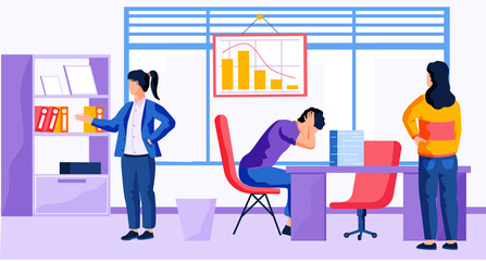 Depressed people in office scene dealing with crisis. Company cost reduction, business and finance failure. Colleagues scared of impending bankruptcy and business disruption, decrease in profit