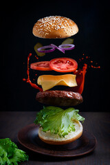 Levitation or flying of burger layers made of buns with sesame seeds, onion rings, lettuce, juicy...