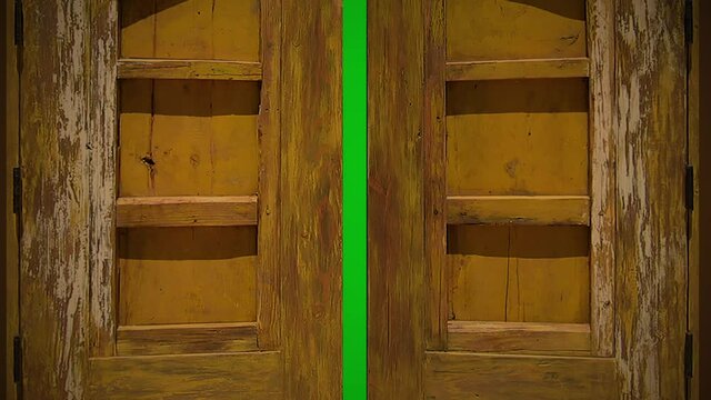 animation - old wooden  door opening to green screen ,chroma key
