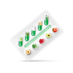 Vitamin K green capsule. Natural supplements vitamins and minerals. Slices of vegetables and fruit in a drug packaging. Medical health concept. Realistic 3D Vector.