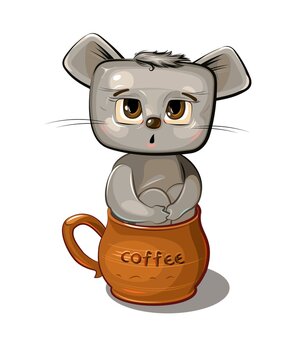 Funny Mouse sits in a brown ceramic coffee mug. Cute comedian animal. Flat cartoon style. Childrens illustration clipart isolated on white background. Vector