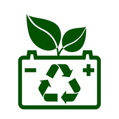 Battery, green leaves and recycling sign. Symbol of battery recycling or reuse. Vector Illustration