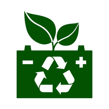 Battery, green leaves and recycling sign. Symbol of battery recycling or reuse. Vector Illustration