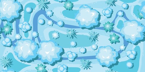 Winter landscape top view. Snowy frosty nature in cold season. River From high. White drifts of snow. Seamless Illustration in cartoon style flat design. Vector