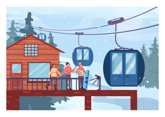 Ski lift platform. Aerial lift lifting up people to a slope top. Winter