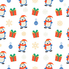 Christmas pattern with penguins and gifts. Bright festive background. Vector illustration.