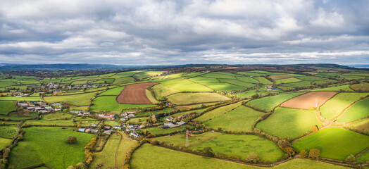 Meadows and Fields over Devon in the colors of fall, England, Europe