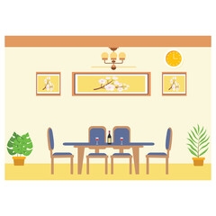 Interior of dining room, table and chairs. Flat Design Vector Illustration