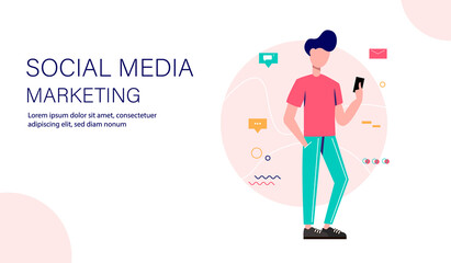 Social marketing landing page template. Man with smartphone and social media icons. illustration.