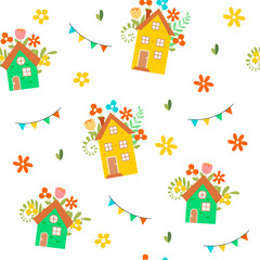 Obraz na płótnie Canvas Cute seamless pattern with colorful houses. Perfect for wallpaper, paper, greeting cards, invitations, holiday decoration. illustration.