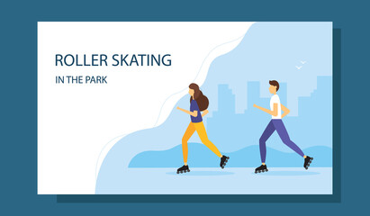 Roller skating in the park illustration. Active lifestyle landing page template.