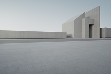 Empty concrete floor and white cement wall in city park. 3d rendering of abstract gray building with clear sky background.