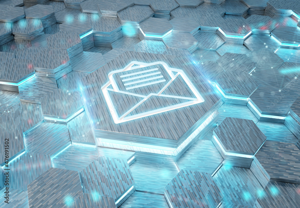 Aufkleber Email icon concept engraved on hexagonal pedestral background. Mail Logo glowing on abstract digital surface. 3d rendering