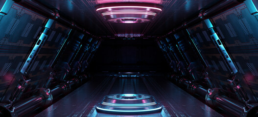 Blue and pink spaceship interior with projector. Futuristic corridor in space station with glowing neon lights background. 3d rendering