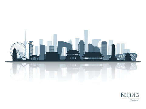 Beijing skyline silhouette with reflection. Landscape Beijing, China. Vector illustration.