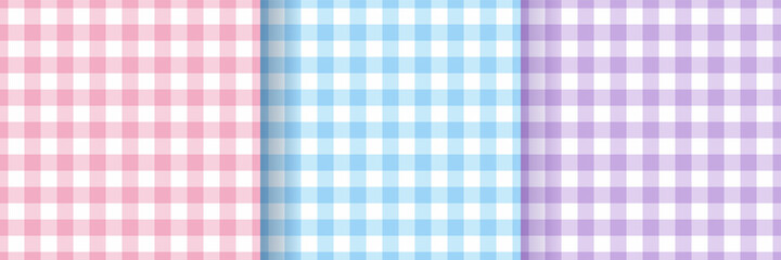 Tablecloth seamless patterns. Check gingham textures. Set of vichy backgrounds. Plaid picnic prints. Pastel retro wallpapers. Tartan textile grid. Flannel backdrop. Vector illustration.