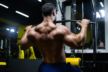 Fototapeta na wymiar Handsome fitness man is performing back workouts using thrust of the upper block machine in a gym, back view
