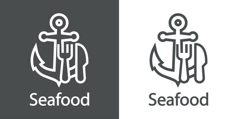 Logotipo restaurante. Banner con texto Seafood y silueta de ancla de barco con cubiertos con líneas en fondo gris y fondo blanco © teracreonte