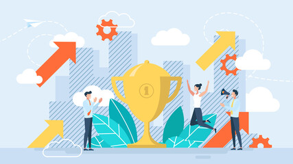 The concept of victory. Teamwork. Business success strategy. Gold cup trophy symbol icon in flat style, team support and work. First place among competitors. Happy people. Vector flat illustration.