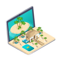 3D Isometric. Advertising concept of tours. Online viewing of apartments, selection of tours via the Internet, selection of apartments and bungalows for recreation