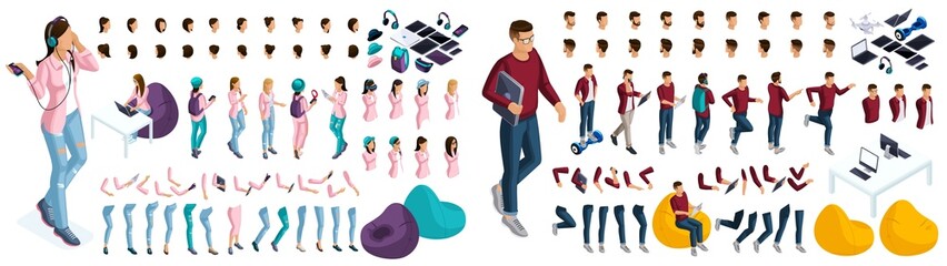 Fototapeta Large isometric Set of gestures of hands and feet of a woman and men 3D teenager, student, startup. Create your isometric character for vector illustrations obraz
