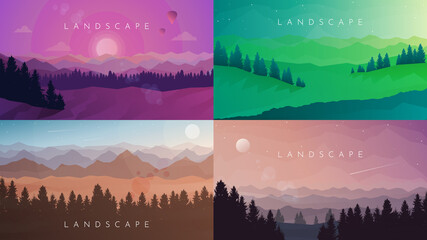 Mountain landscapes set. Travel flyers, backgrounds, booklets. Adventure, hiking, camping, vacation. Abstract landscape. Vector banner. Polygonal landscape illustration. Minimalist style. Flat design