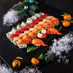 Sushi and salmon, korean traditional sushi, christmas tree decoration