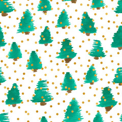 Watercolor Christmas or Pine Tree Seamless Pattern Design with Gold Dots